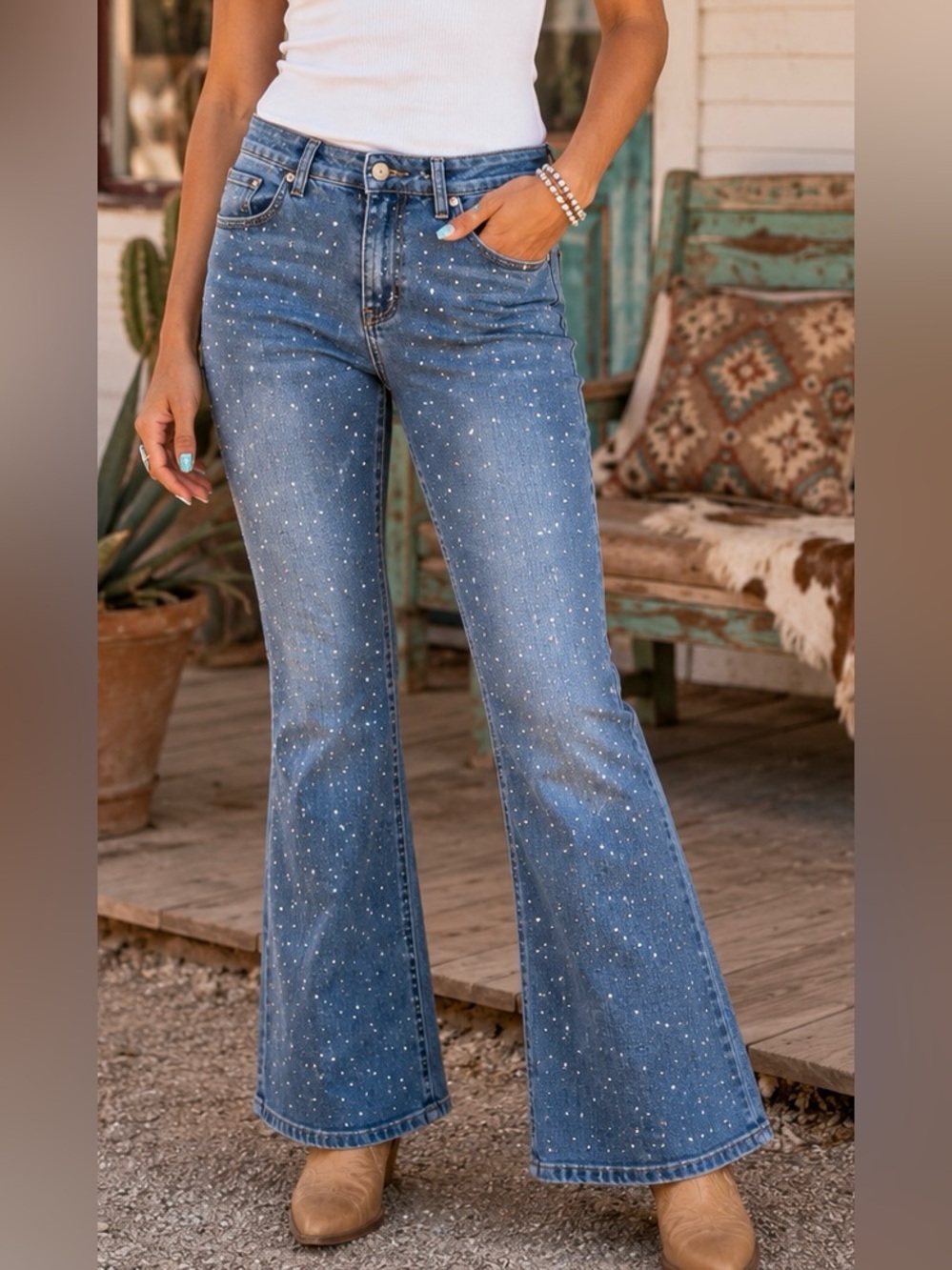Bamboo Jeans Rhinestone Flare Denim | Y2K Glam Western Style | Size 13